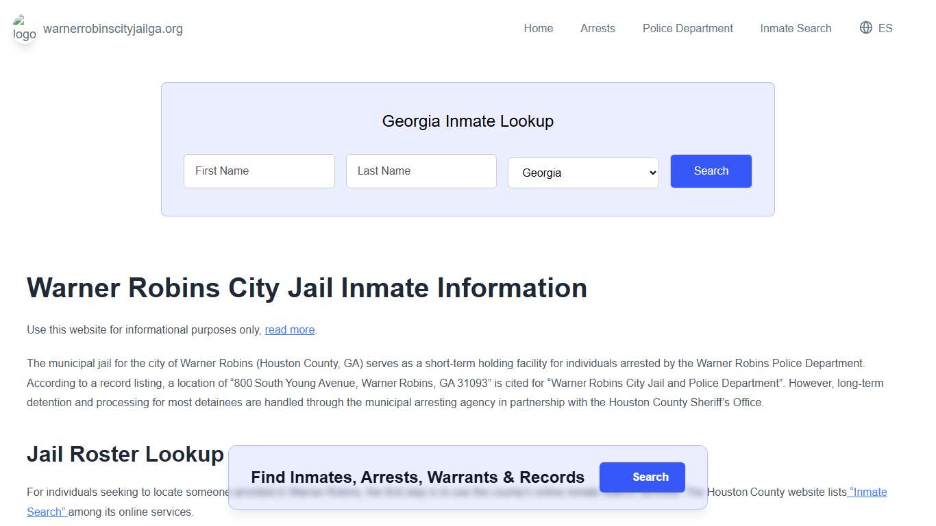 Warner Robins Jail, GA Inmate Roster, Municipal Jail Info
